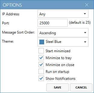 Papercut SMTP options screen