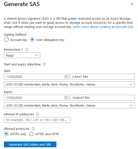 Generate SAS menu in Azure